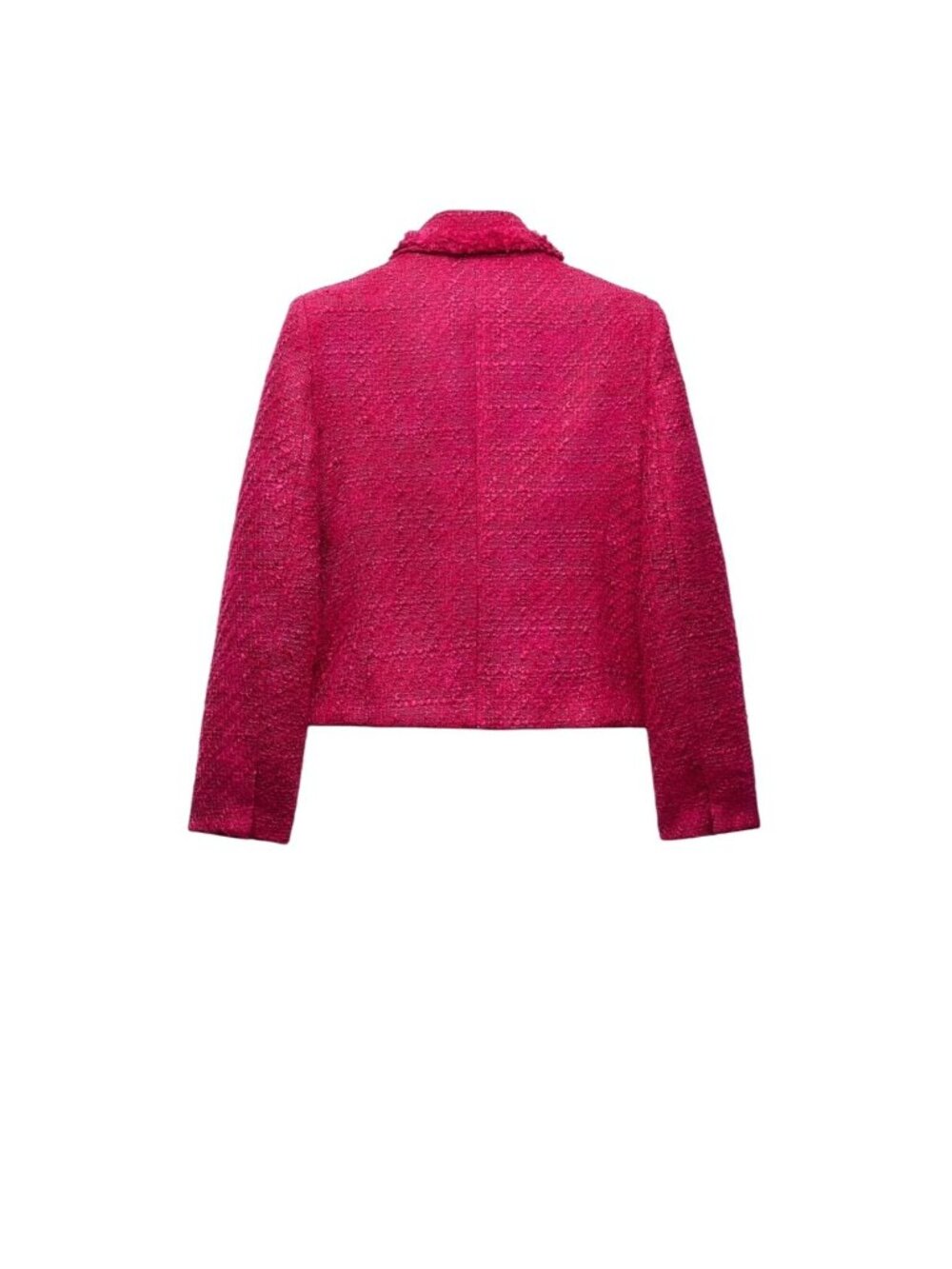 Zara Double-Breasted Tweed Blazer In Fuchsia With Frayed Edges & Gold Buttons - Picture 5 of 13